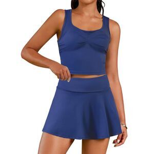 Golf Tennis Skirt Set Dress with Shorts Workout Crop Tank Top Indigo